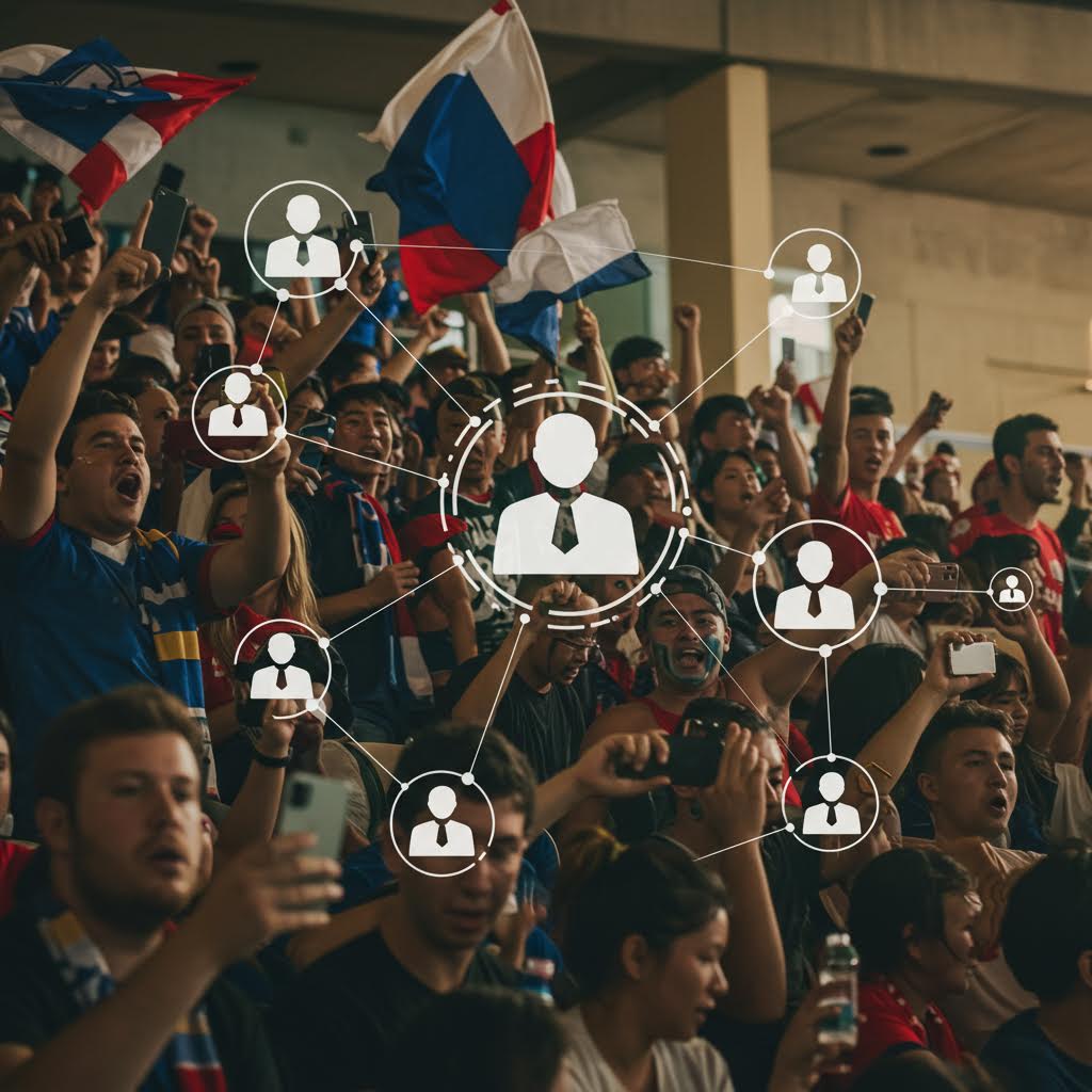 경기장에서 응원하는 팬들이 네트워크로 연결된 장면, 온카스터디의 데이터 기반 커뮤니티 소통 구조를 시각적으로 표현한 이미지