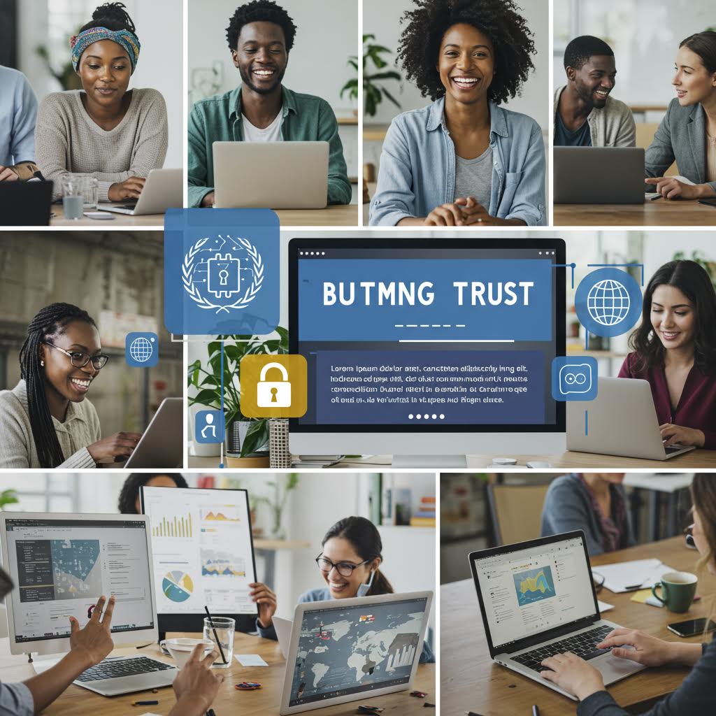 노트북으로 협업하며 미소 짓는 사람들의 모습, 온카스터디의 신뢰 중심 디지털 협업 네트워크를 시각화한 이미지