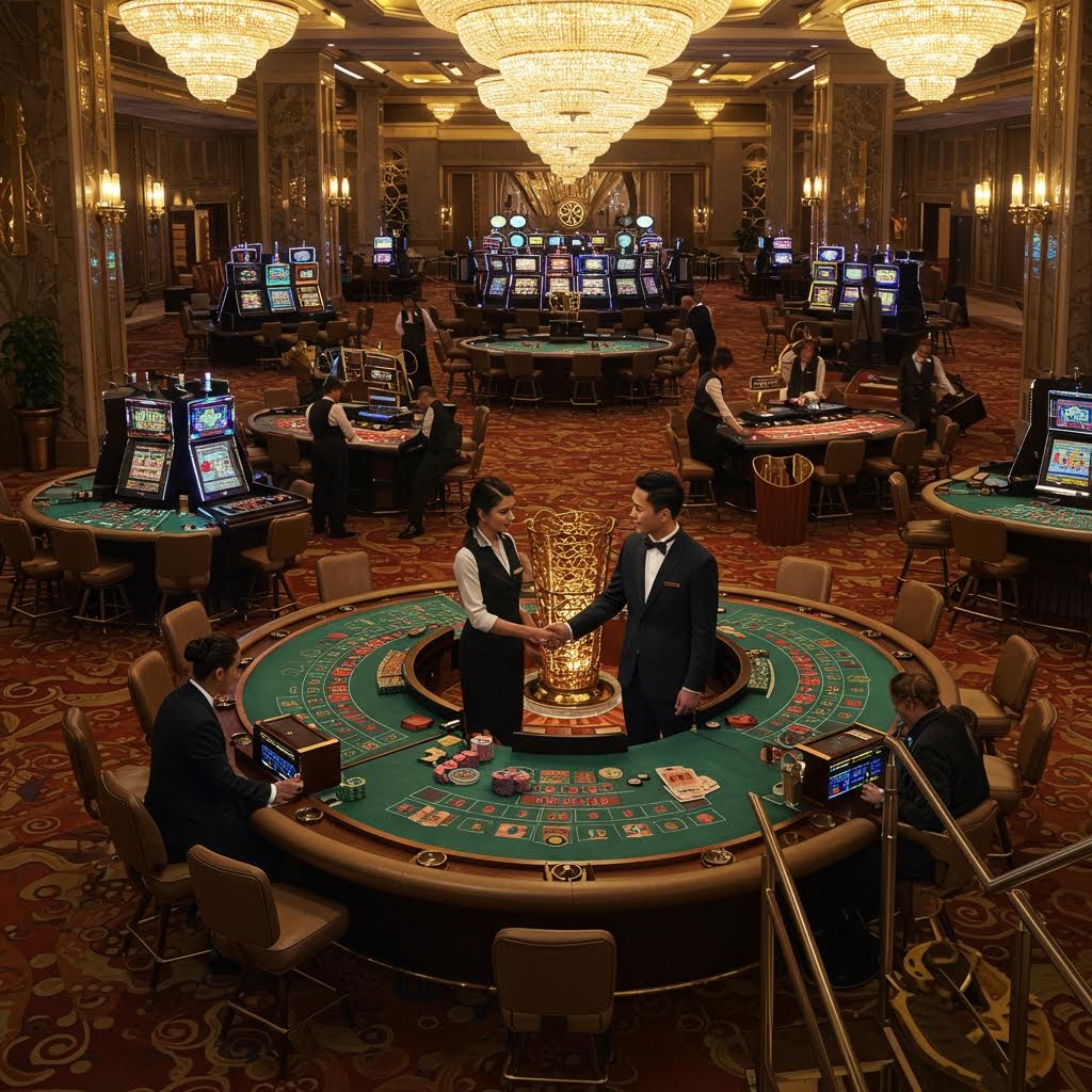 화려한 샹들리에 아래에서 딜러와 플레이어들이 다양한 테이블 게임을 즐기는 고급 카지노 내부 전경