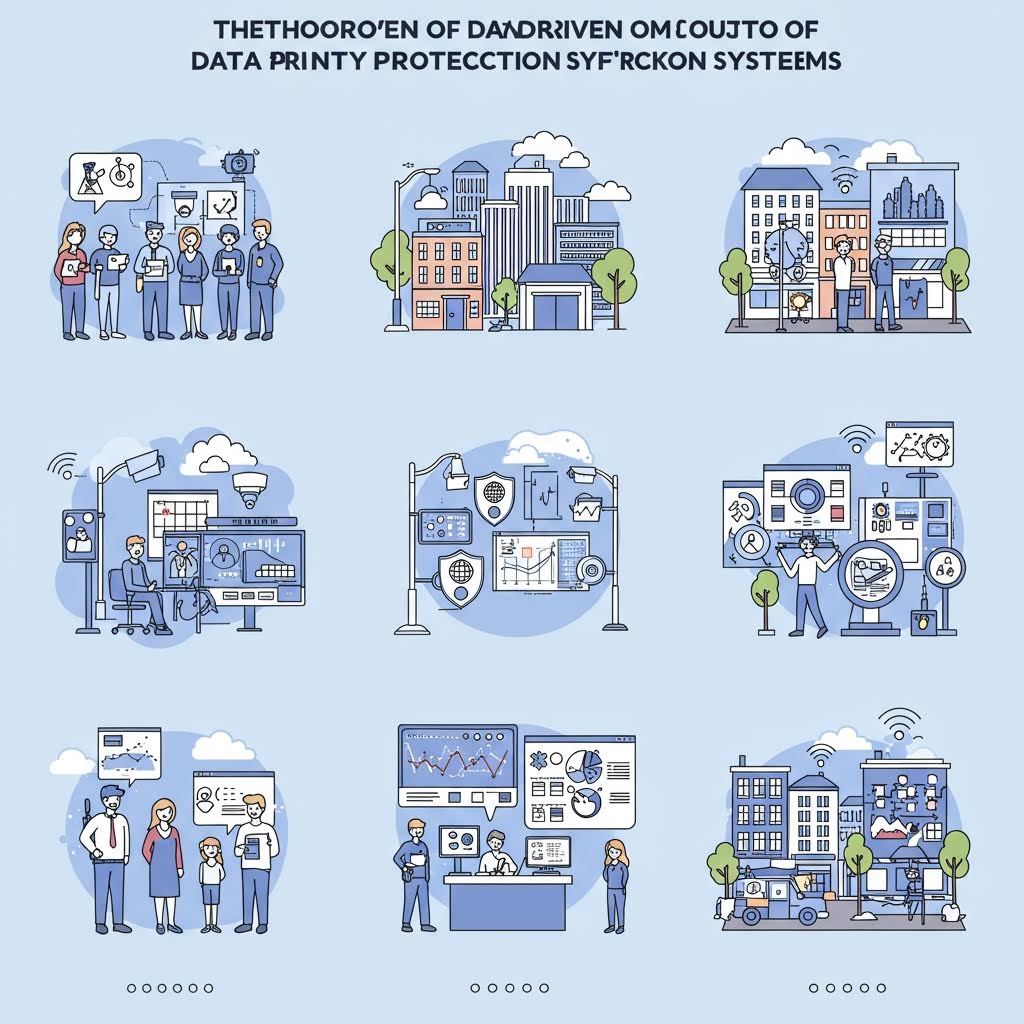 데이터 보안 보호 시스템 이론을 보여주는 9개 장면의 파란색 톤 일러스트레이션 - 의료팀, 도시 인프라, 스마트 빌딩, 보안 센터, 데이터 분석실, 가족과 IoT 기기 등 다양한 환경에서의 데이터 보호 적용 사례