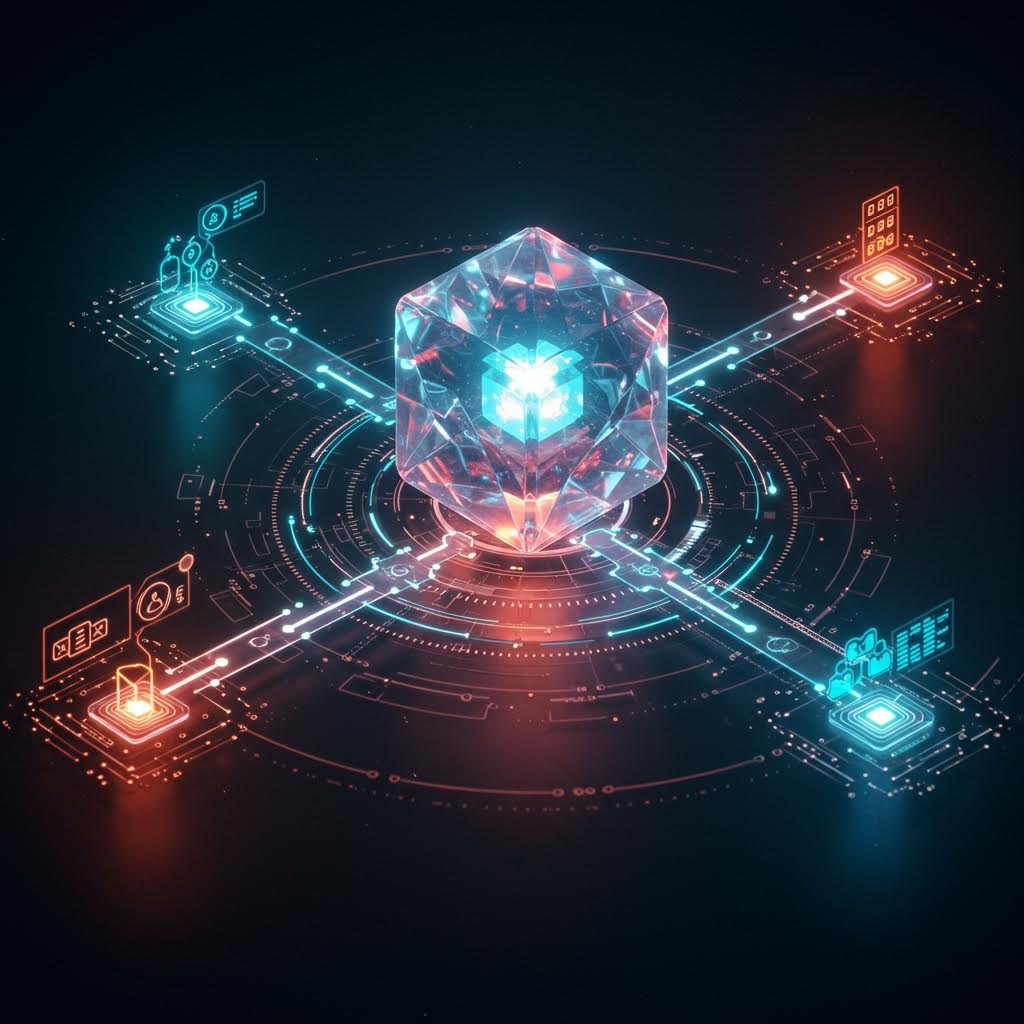 중앙의 빛나는 결정체를 중심으로 네 갈래 회로가 이어지며 온카스터디의 데이터 교환 구조가 형성된 장면