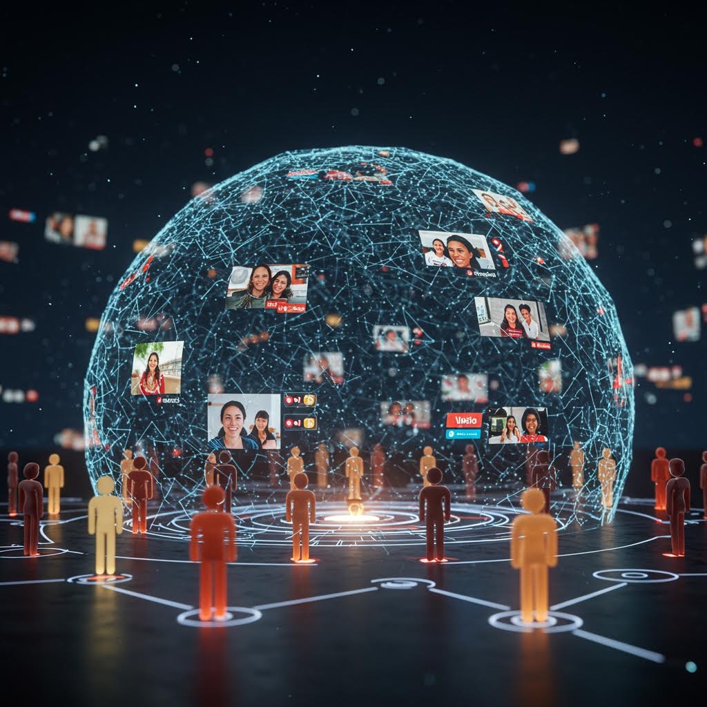 빛으로 이루어진 구형 네트워크 안에서 사람들의 프로필이 연결되며 온카스터디의 커뮤니티 구조가 드러나는 장면