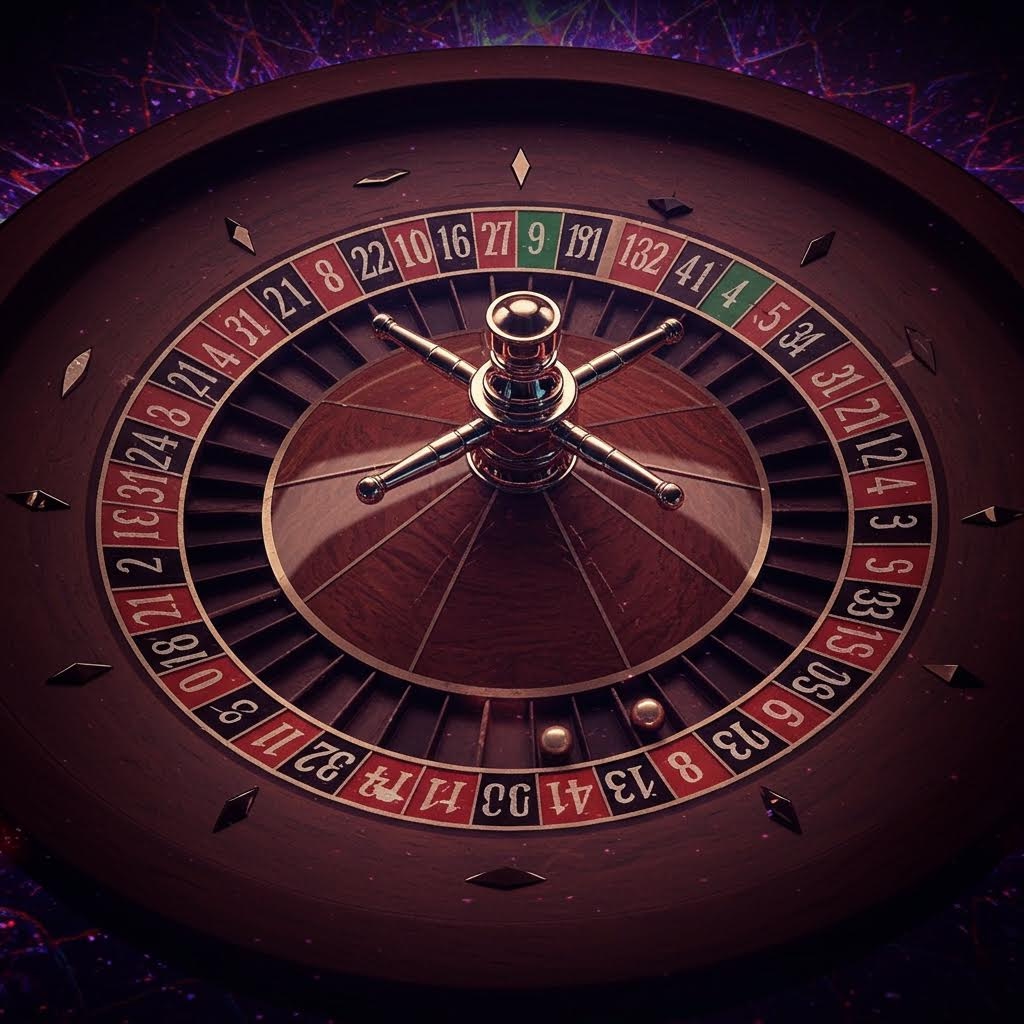 숫자가 새겨진 룰렛 휠이 은은한 조명 속에서 회전하는 모습을 담은 클로즈업 이미지