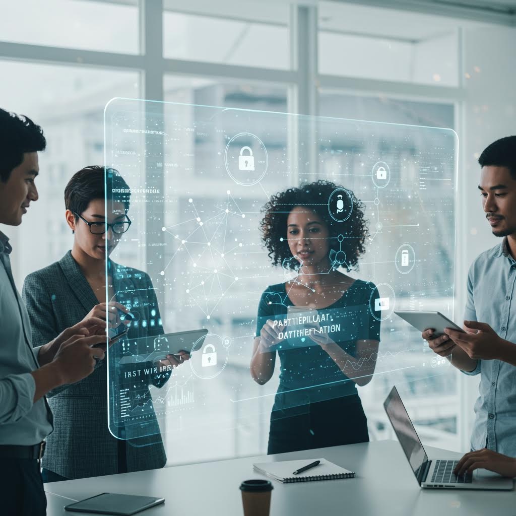 현대적인 사무실에서 투명한 홀로그램 보안 인터페이스와 자물쇠 아이콘이 표시된 가운데 비즈니스 팀이 사이버 보안 및 데이터 보호에 대해 협업하는 모습