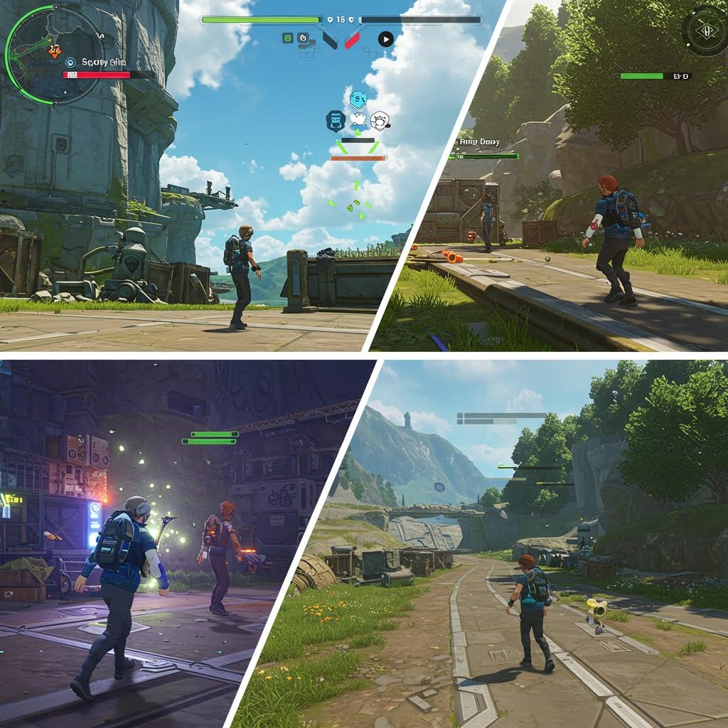 3D 액션 게임에서 플레이어 캐릭터들이 야외와 실내 전장에서 전투와 탐험을 펼치는 화면 구성