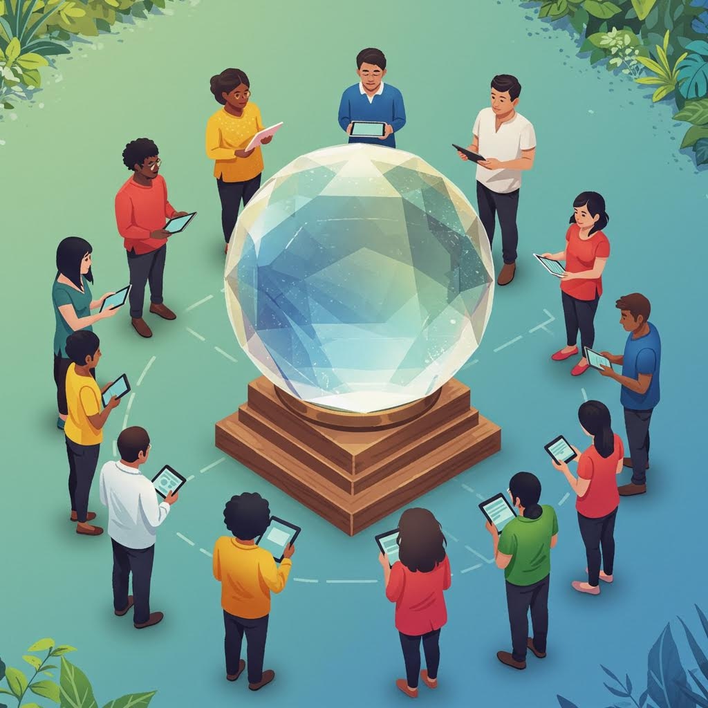 거대한 투명 구체를 둘러싸고 사람들이 태블릿을 들고 협업하며 온카스터디의 연결 구조를 상징하는 장면