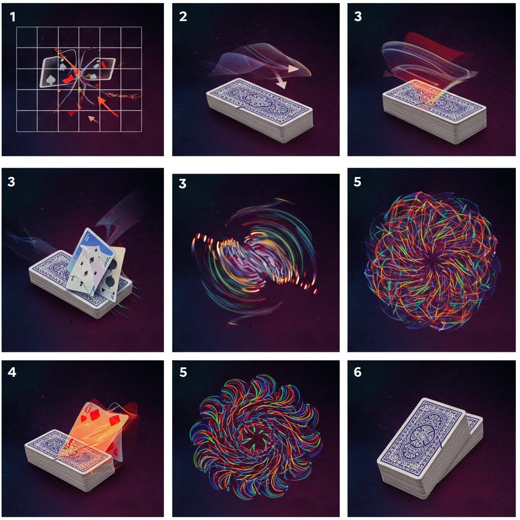 카드 덱을 이용한 회전·이동·흩날림 등의 물리적 움직임을 단계별로 표현한 비주얼 시퀀스 이미지