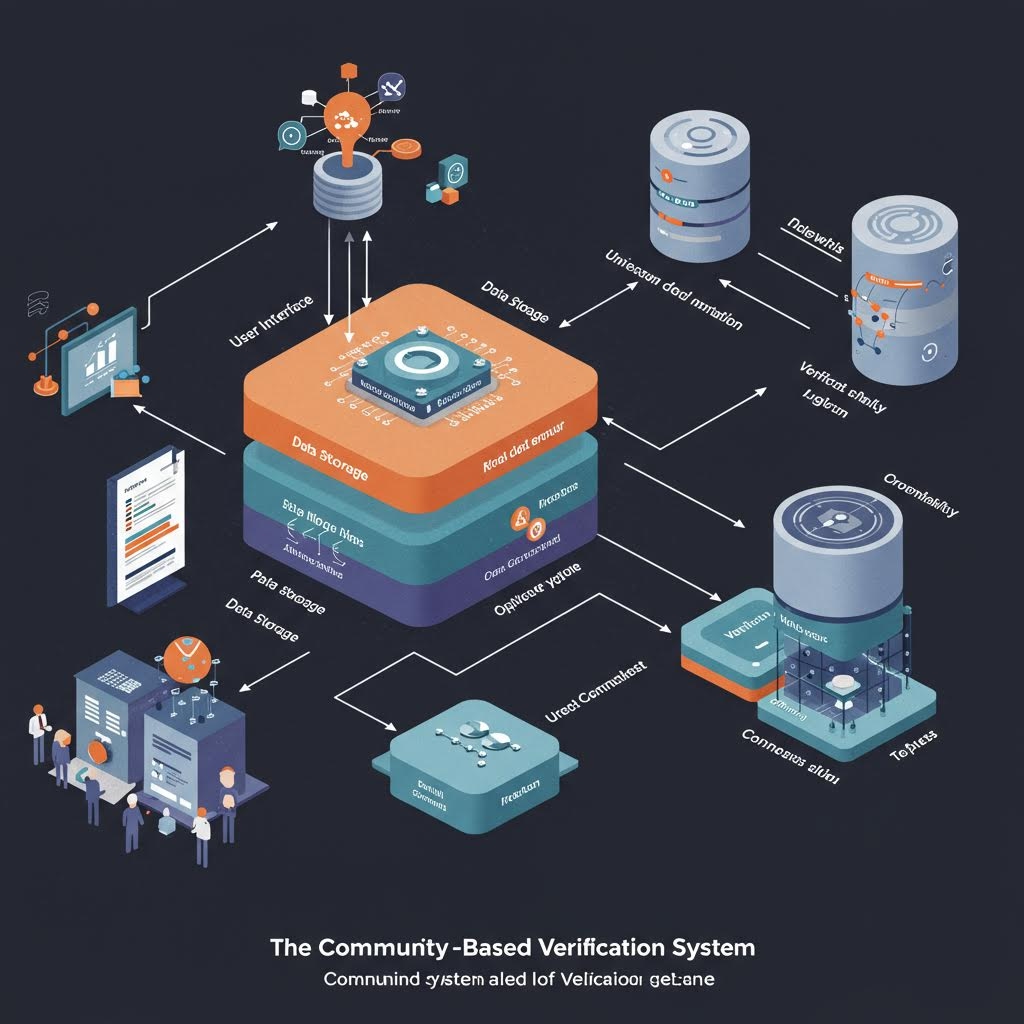 온카스터디의 커뮤니티 기반 검증 시스템 아키텍처 - 중앙의 다층 데이터 프로세싱 구조를 중심으로 사용자 인터페이스, 데이터 저장소, 검증 로직, 신뢰도 평가 등이 연결된 아이소메트릭 시스템 다이어그램Retry