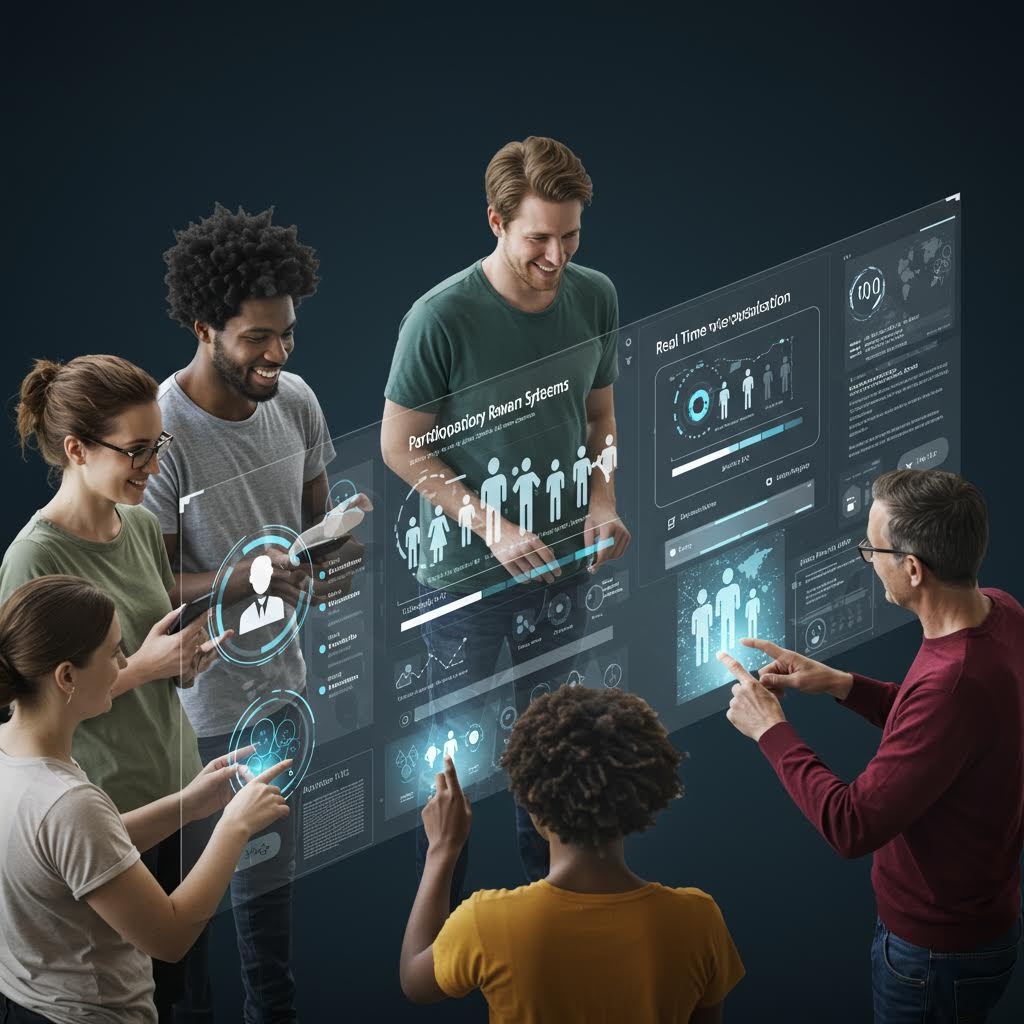 온카스터디 팀이 투명한 홀로그램 디스플레이에 표시된 실시간 데이터 분석 대시보드와 사용자 통계를 함께 검토하며 협업하는 모습