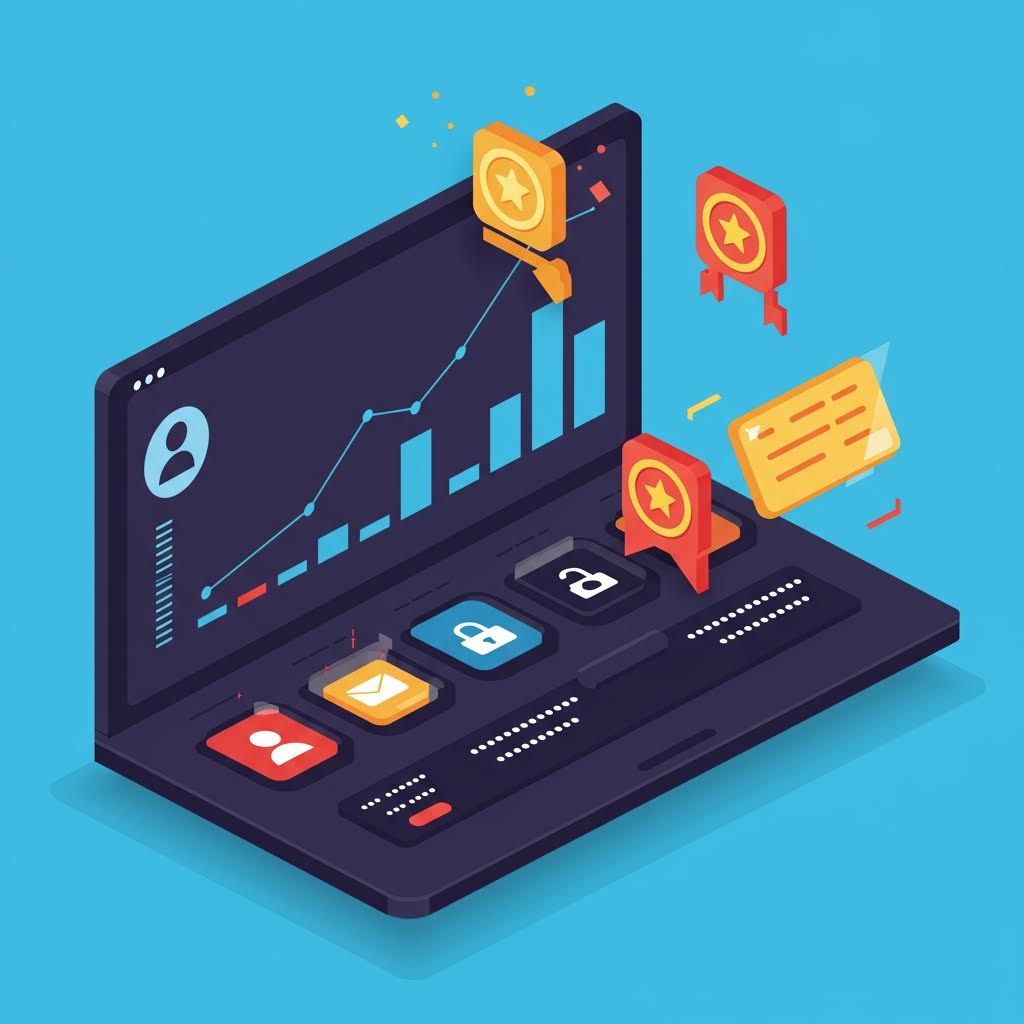 노트북 화면 속 그래프와 보안 아이콘이 떠오르며 온카스터디의 데이터 신뢰 시스템이 성장하는 장면