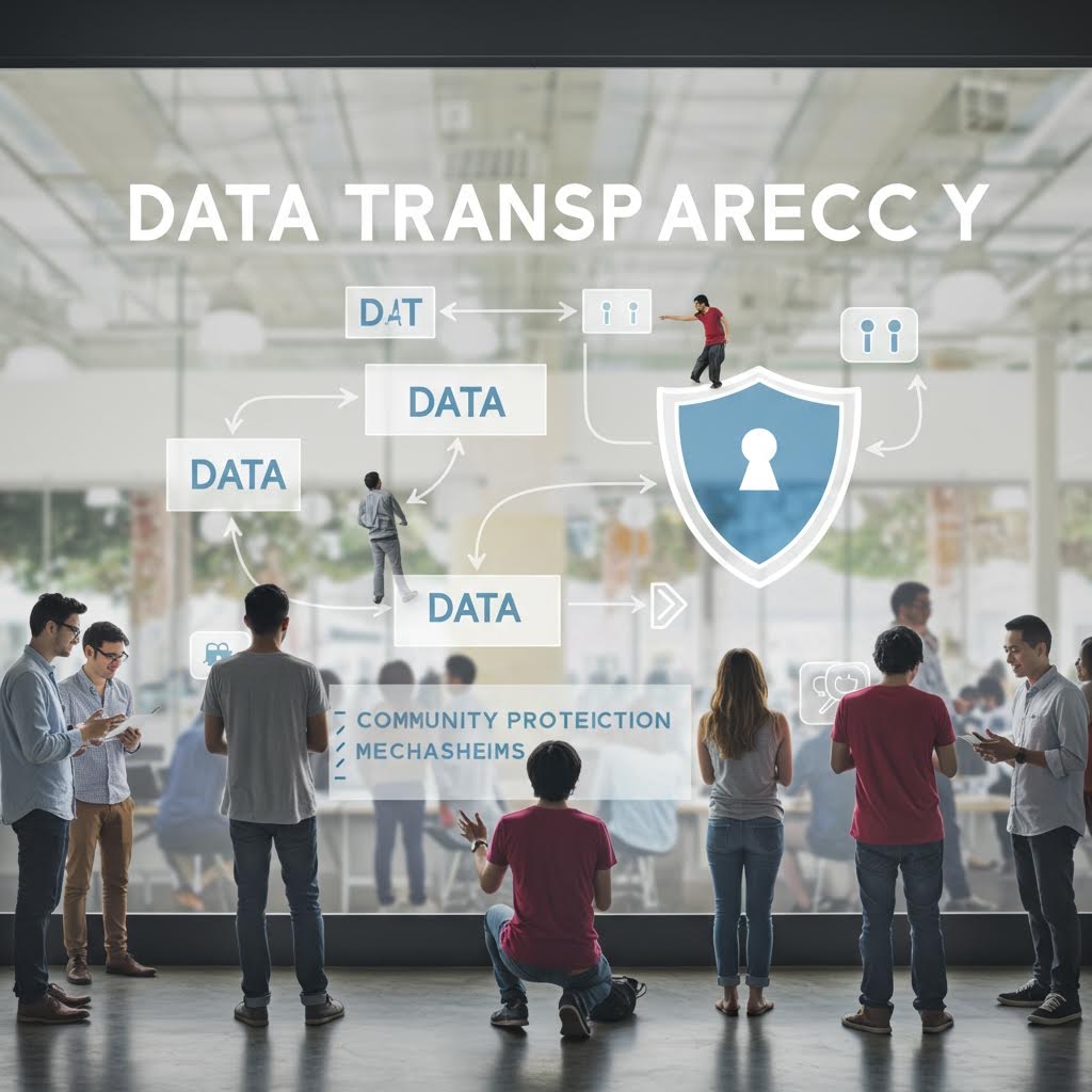 온카스터디 데이터 투명성 및 커뮤니티 보호 메커니즘 - 밝은 사무실 유리창에 데이터 흐름도와 보안 방패 아이콘이 표시되고 그 앞에서 다양한 사람들이 모바일 기기를 사용하며 서 있는 모습