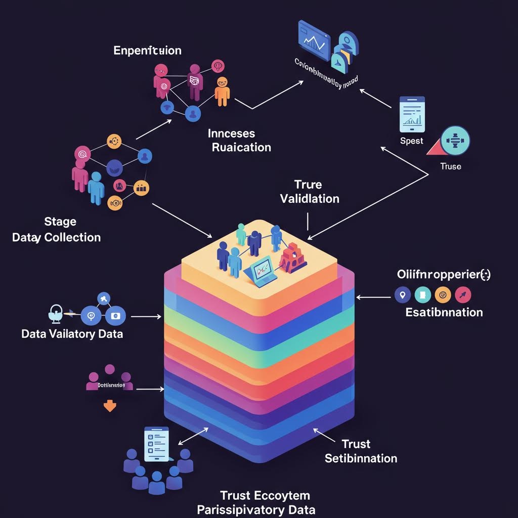 무지개색 레이어로 표현된 데이터 검증 시스템의 계층적 구조와 프로세스 흐름을 보여주는 3D 인포그래픽