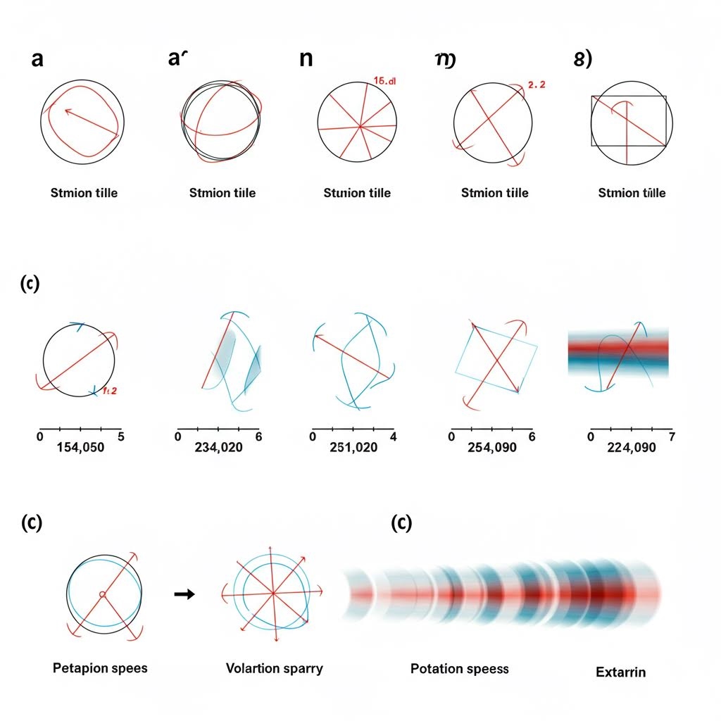 회전 궤적과 벡터 움직임을 다양한 도형과 선으로 설명한 과학적 다이어그램 이미지