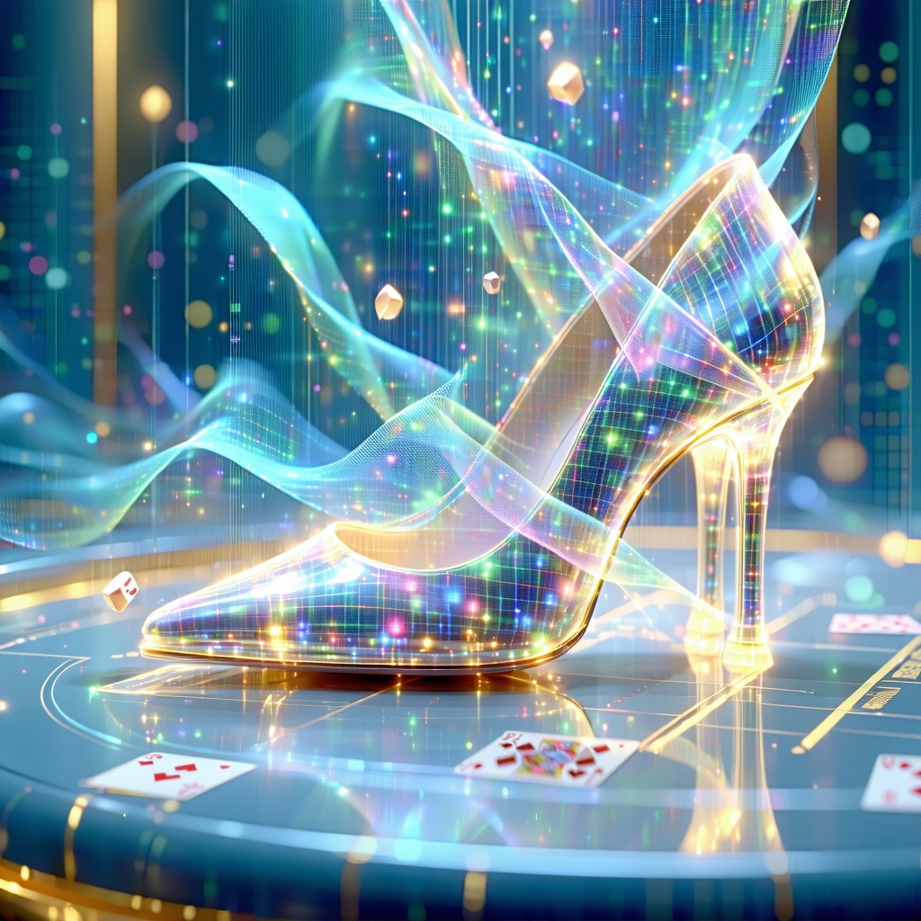 반짝이는 하이힐이 카지노 테이블 위에서 빛과 색채 효과와 함께 연출된 환상적인 이미지