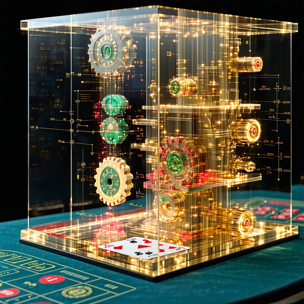 카지노 테이블 위 투명한 큐브 안에서 여러 기어와 칩 모양 장치가 빛을 내며 작동하는 구조를 표현한 이미지