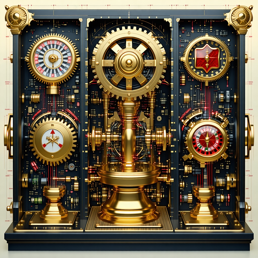 정교한 기계식 휠과 룰렛 장치들이 금속 톤으로 배열된 고급 카지노 메커니즘 일러스트