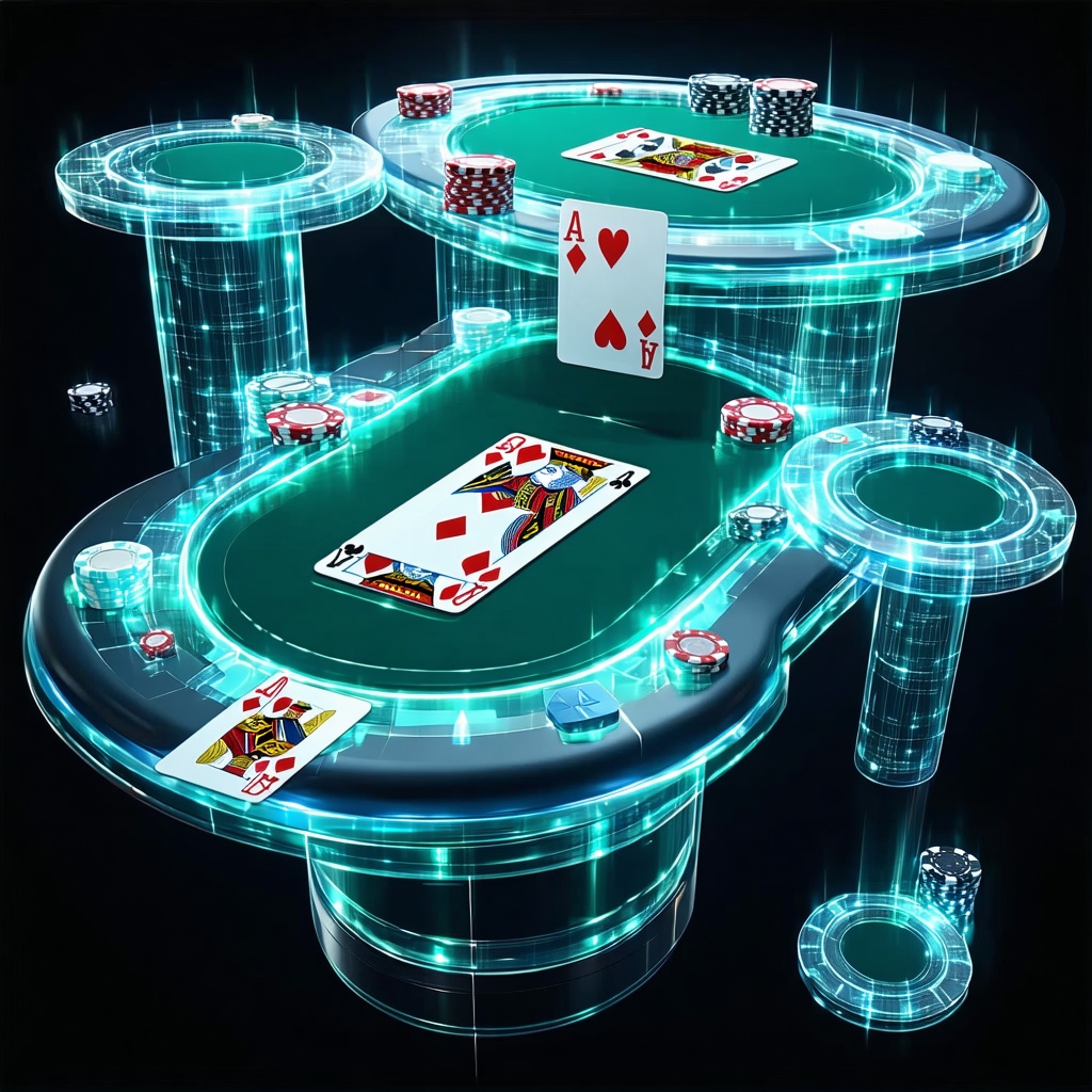 홀로그램 형태의 포커 테이블 위에 카드와 칩이 떠 있는 디지털 카지노 콘셉트 이미지