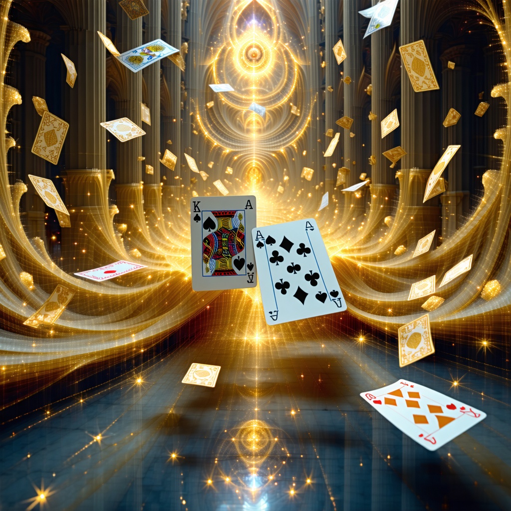 화려한 황금빛을 배경으로 카드가 공중에 흩날리는 환상적인 카지노 콘셉트 이미지
