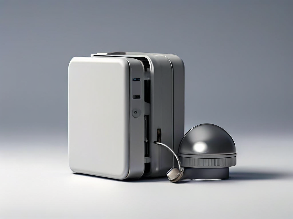 Stacked blank data blocks beside a portable drive and a small capacity gauge on a gray surface.