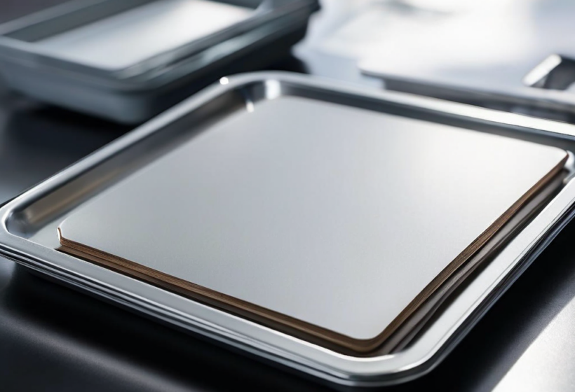 Brushed metal tray with blank white divider cards in morning light, organized storage concept.