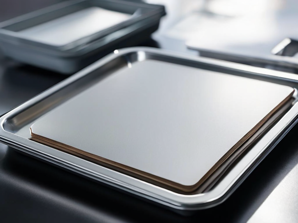 Brushed metal tray with blank white divider cards in morning light, organized storage concept.