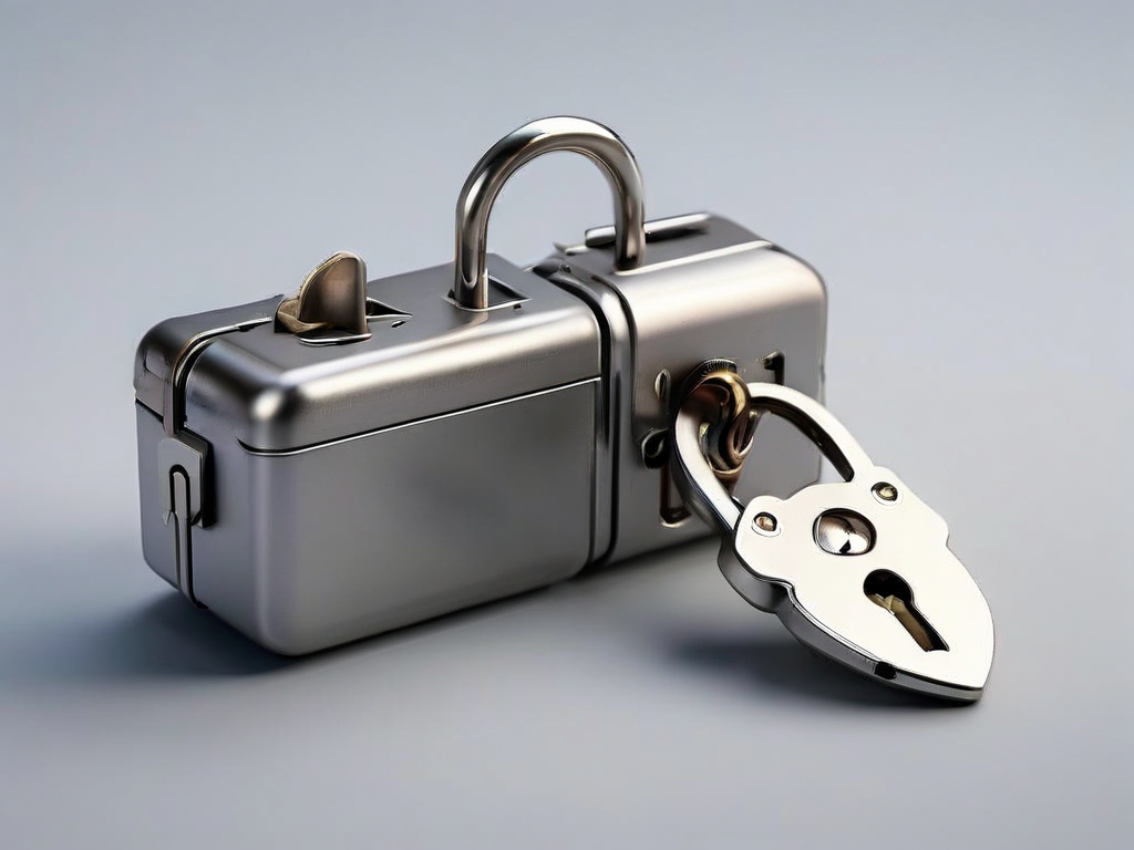 Small metal lock, closed key case, and blank security card on matte gray surface for account safety preparation.