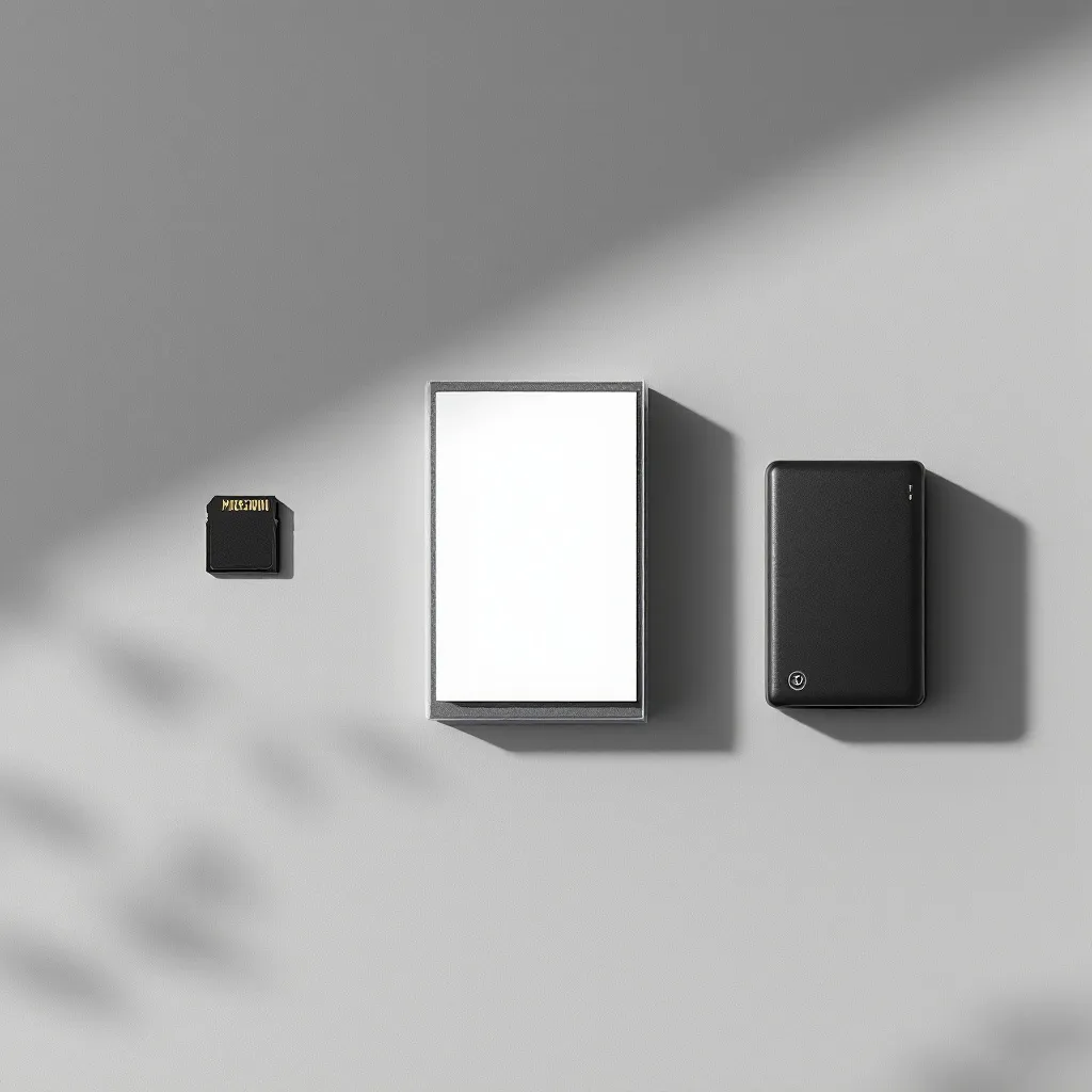 Three blank storage media on a gray surface: a memory card, a sealed external drive, and a photo sleeve, representing an image...