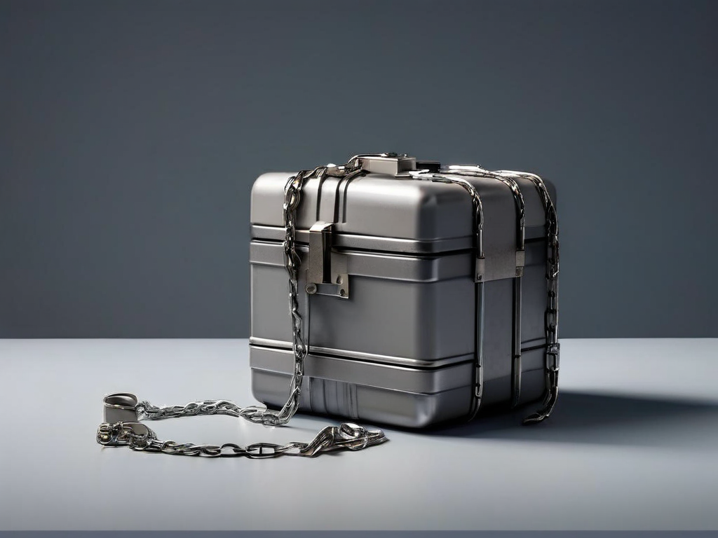A sealed gray storage case with a short metal chain and small blocks representing file locations on a matte surface.