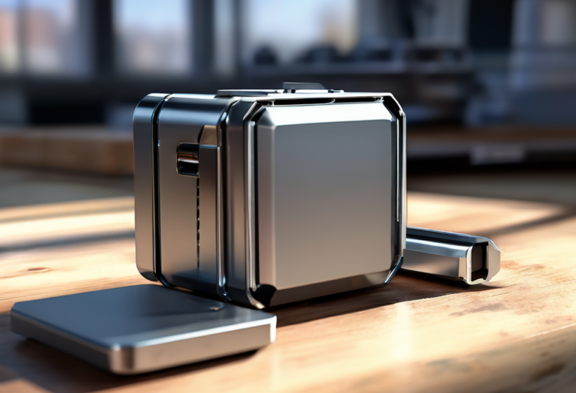Portable storage drive and stacked data blocks on brushed metal surface with morning light.