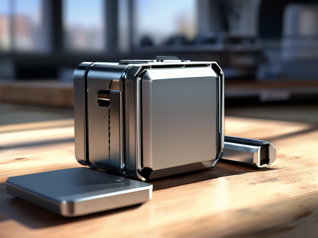 Portable storage drive and stacked data blocks on brushed metal surface with morning light.