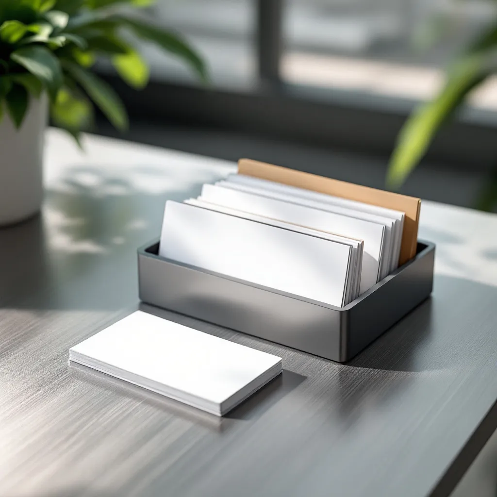 Brushed metal tray holding blank white divider cards in morning light, organized storage concept.