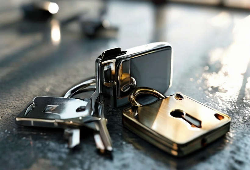 Small metal lock, closed key case, and blank security card arranged on brushed metal surface for account safety preparation.