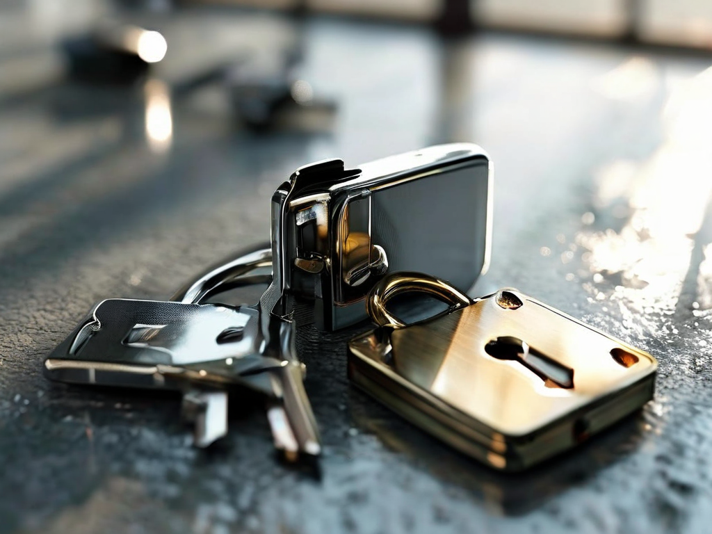 Small metal lock, closed key case, and blank security card arranged on brushed metal surface for account safety preparation.