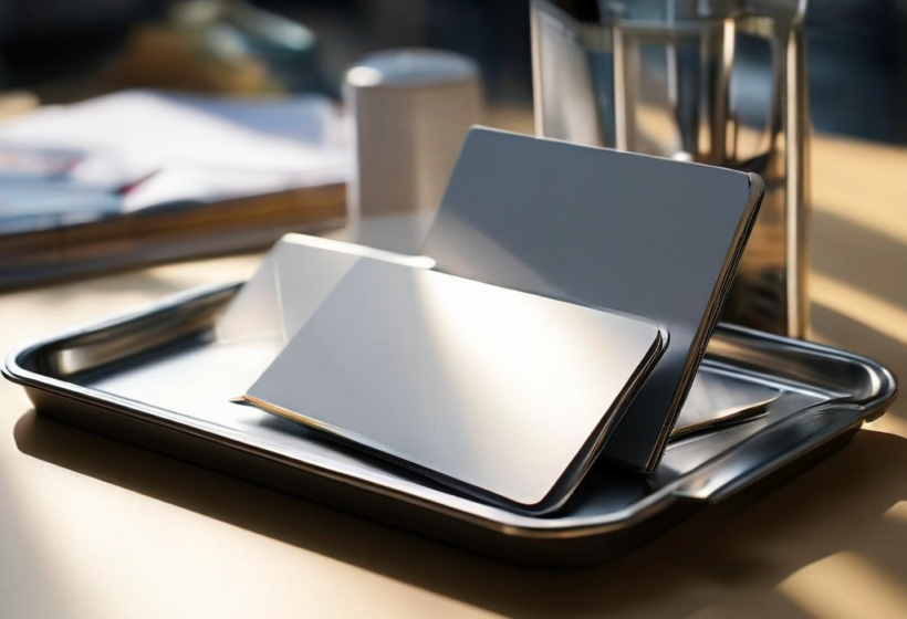 Document divider tabs with numbered labels in a compact storage tray on a brushed metal surface, bathed in morning daylight.